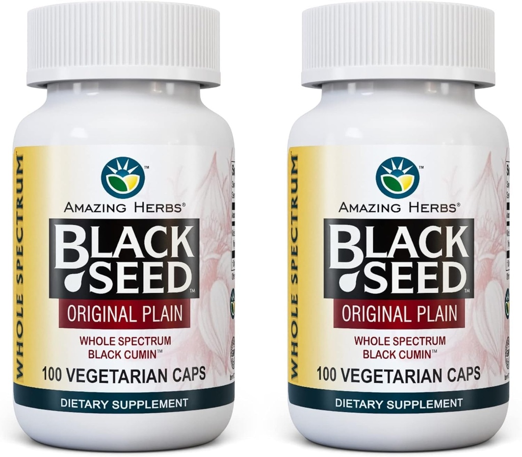 Verbazingwekkende kruiden Hele Spectrum Black Seed Original Plain, Vegetarische Capsules - Glutenvrij, Niet GGO, Koud geperst Nigella Sativa Aids in Digestieve Gezondheid - 100 Tel, 475mg (2-pack)