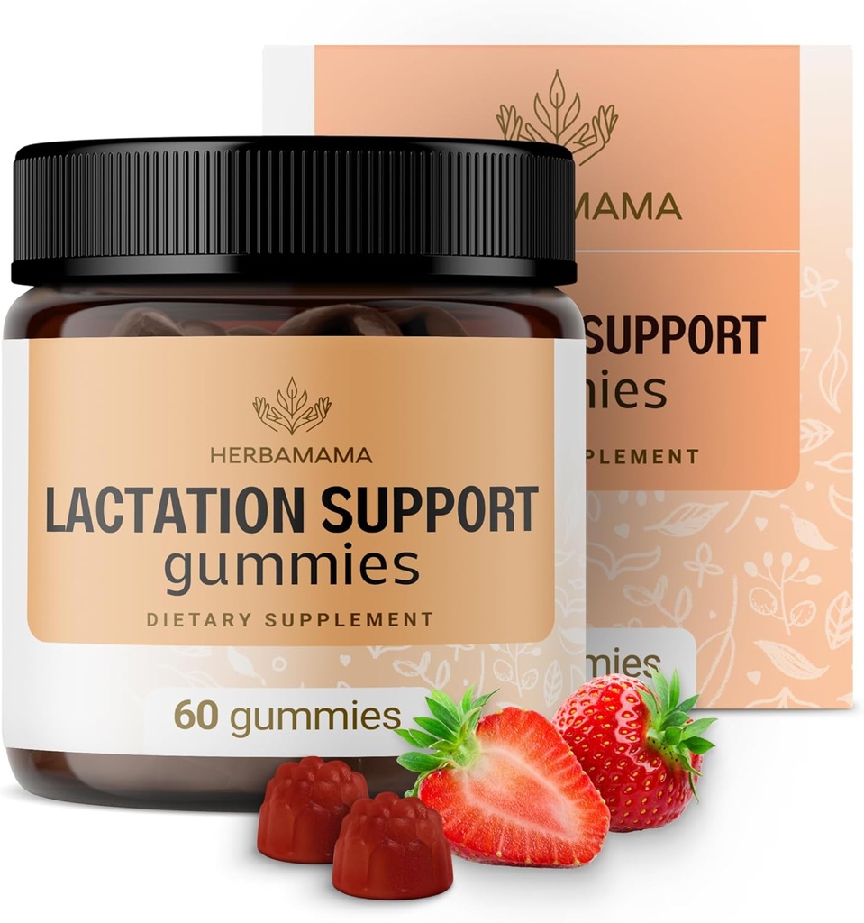 HERBAMAMA Lactation Support Gummies - Herbal Blend for Mother's Breast Milkflow Support - Vegan, Non-GMO Breastfeeding Supplement for Women - 60 Pectin-Based Strawberry-Flavored Chews