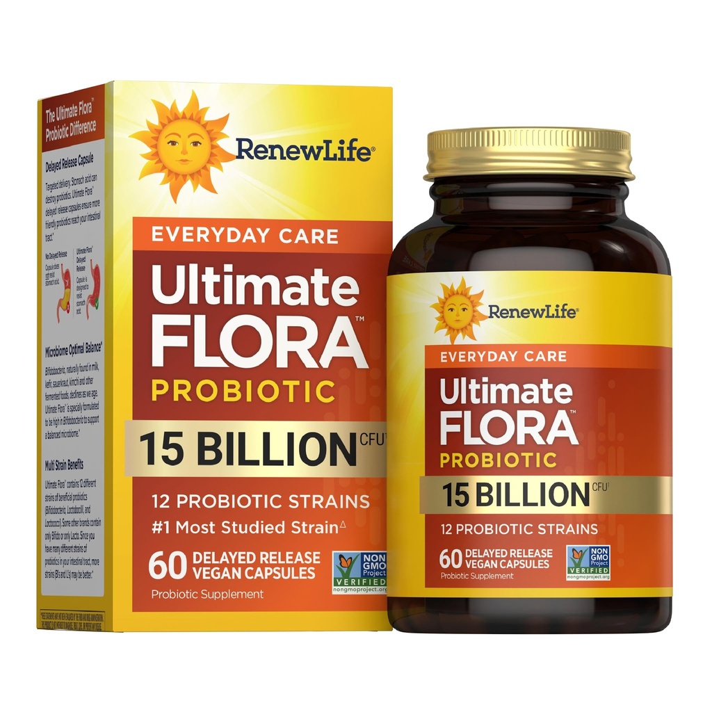 Renew Life Everyday Probiotic Capsules, Daily Supplement ondersteunt urine-, spijsverterings- en immuungezondheid, L. Rhamnosus GG, zuivel, soja en glutenvrij, 15 miljard CFU, 60 Tel.