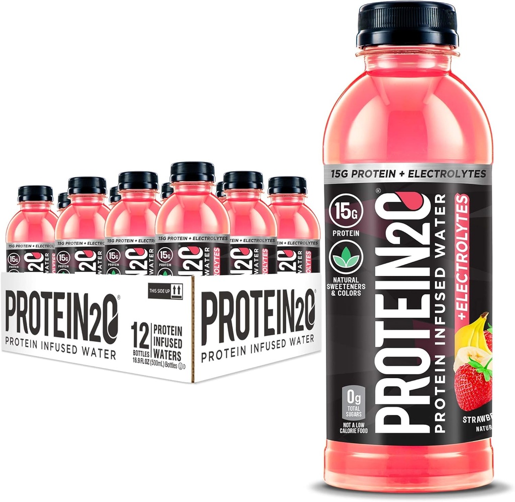 Proteïne2o + Elektrolyten, Lage Calorie Proteïne Geïnfundeerd Water, 15g Wei Proteïne Isolaat, Strawberry Banana, 16,91 floz (verpakking van 12)