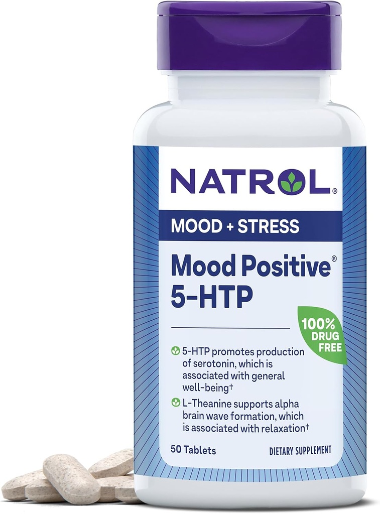 Natrol Mood Positive 5-HTP en L-Theanine voor Balanced Mood and Relaxation, 50 tabletten, Tot een 50-daagse levering