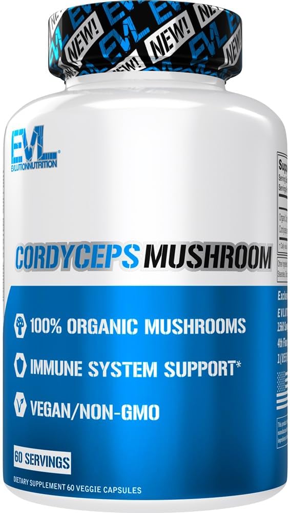Evulution Nutrition Cordyceps Mushroom - Immune System and Heart Health Support - 500mg Mushroom Supplement - 100% Organic, Vegan & Non-GMO - for Energy & Performance - 60 Servings