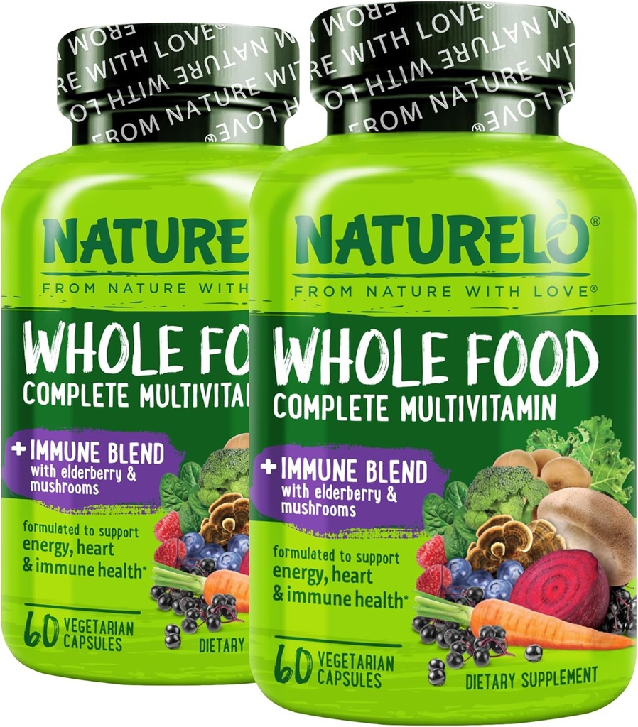 NATURELO Whole Food Multivitamine + Immune Blend met Vlierbes & Paddenstoelen - Complete Multivitamine met Extra Immune Ondersteuning - C, D3, Zink, Vlierbes, Reishi, Shitake, 60 Vegan Capsules (verpakking van 2)