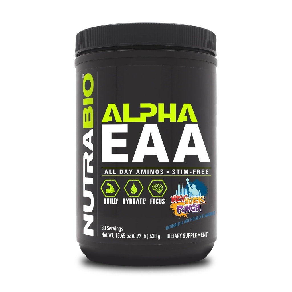 NutraBio Alpha EAA - All-Day Aminozuren voor spiergroei en hydratatie - Essentiële Aminozuren met NOOTropics & Adaptogenen - Full Spectrum EAA BCAA Powder - 30 Servers - New York Punch