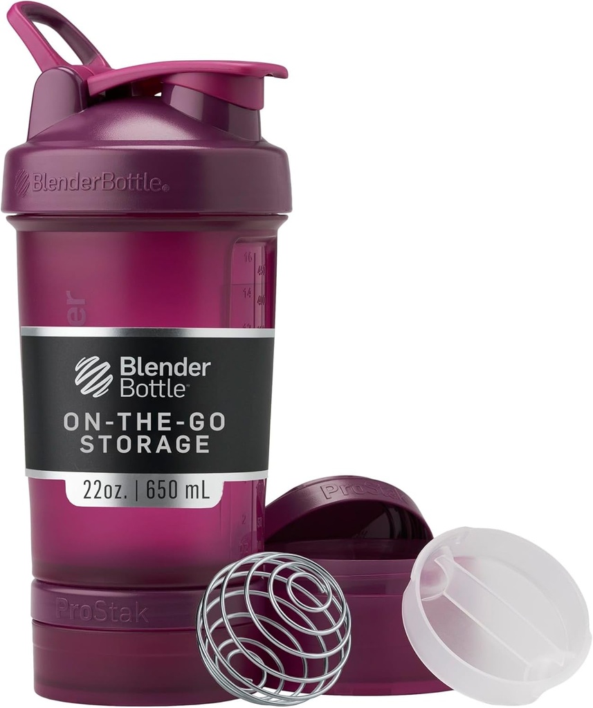 BlenderButtle Shaker Bottle met pil Organizer en opslag voor eiwitpoeder, Classic V2 ProStak System, 22-Ounce, Plum