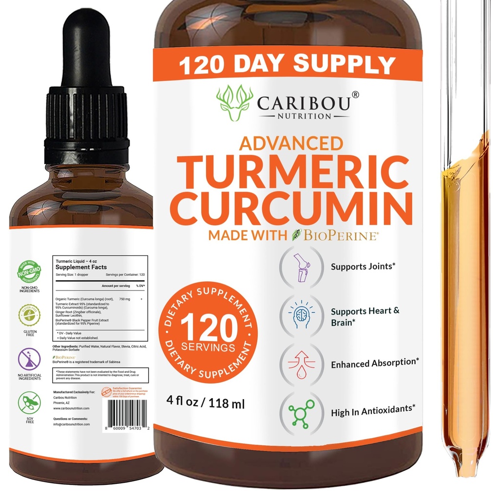 Liquid Turmeric Curcumin met Bioperine voor verbeterde absorptie - Kurkuma Curcumin Supplement voor gezamenlijke ondersteuning - Kurkuma Extract met zwarte peper - 2 maand levering - 4oz