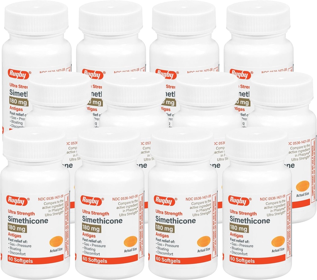 Rugby Ultra Strength Simethicone Gas Relief 180 mg - Maximale Gas Relief voor volwassenen - Kan helpen met symptomen van flatulentie, opgeblazen gevoel, gas volheid - 60 Softgels (12 Pack)