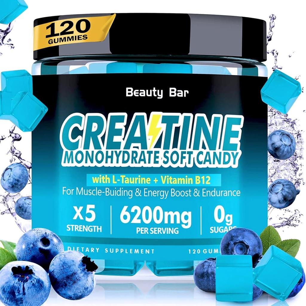 Creatine Monohydraat Gummies,6200mg voor mannen & vrouwen, Kauwbare Creatine voor verbeterde spiergroei, sterkte en herstel, Sugar Free Pre-workout Supplement,120 Tel, Blueberry Flavor