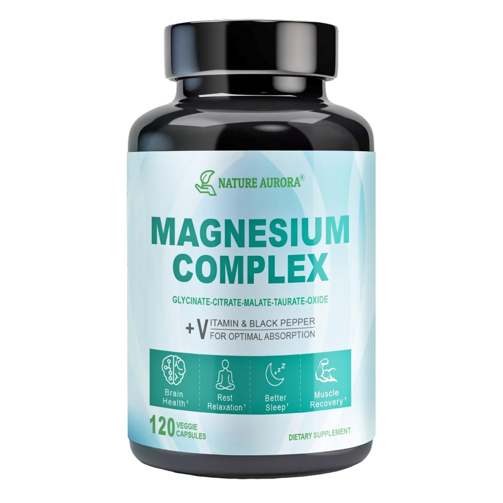Magnesium Complex Supplement - Chelated Magnesium Glycinate, Citrate, Taurate, Malate, Oxide Capsules - Hoge Absorptie Magnesium voor Slaap, Leg Cramps, Muscle Relief, 400mg, 120 Veggie Capsules