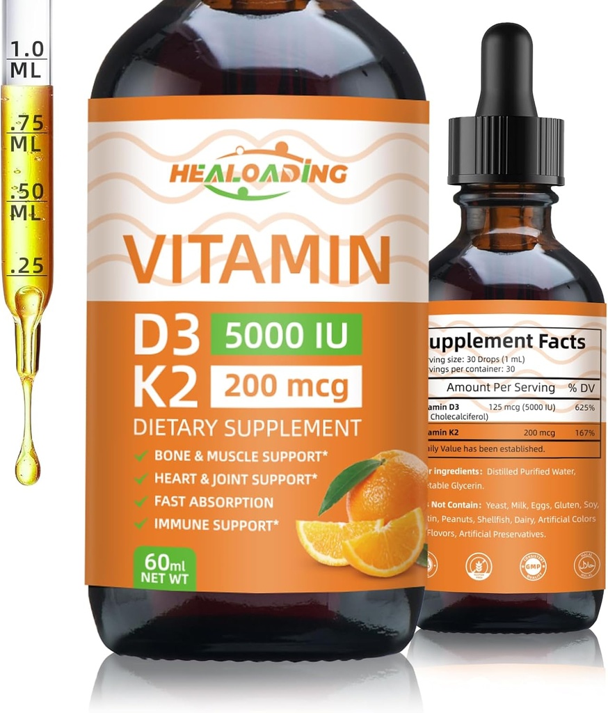 Biologische vitamine D3 + K2 druppels: 5000 IE Plant-based D3 & 200mcg K2 vloeibare supplementen Snelle absorptie voor Immune Support, Bone Health & Heart Care, Vegan, Non-GMO (30ml)