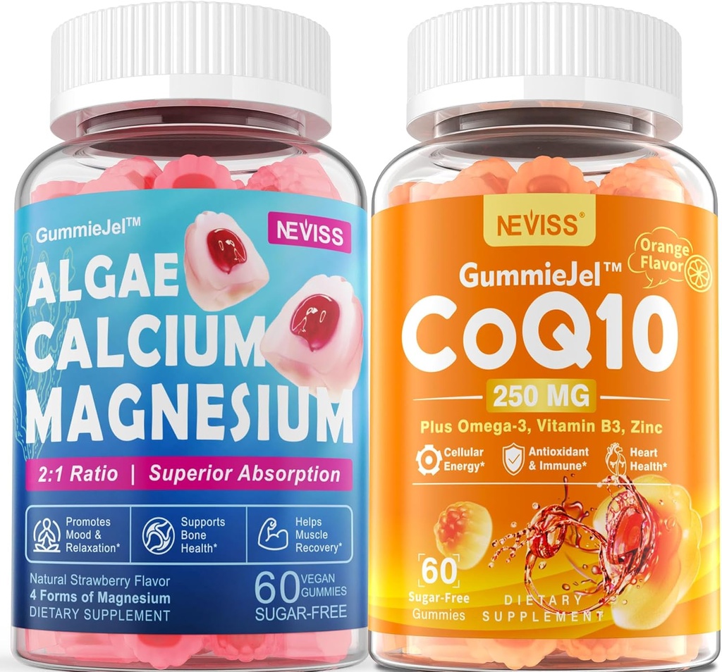 Suikervrij Calcium Supplement 600mg, Algen Calcium Magnesium 2:1 Ratio + Suikervrije CoQ10-250mg Gevulde Gummies, Hoge Absorptie Co-enzym Q10