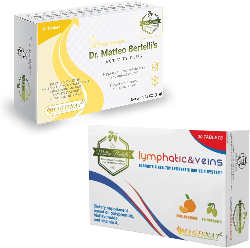 De activiteit van Dr. Matteo Bertelli & Lymfatische ondersteuningsbundel (30+30 tabletten) - N-acetylcysteïne, Hydroxytyrosol, vitamine A, proanthocyanidinen, hesperidine, Citrusextract