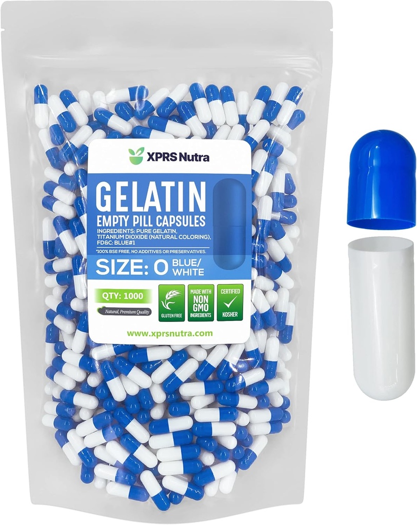 XPRS Nutra Size 0 Empty Capsules - 1000 Count Empty Gelatin Capsules - Pills DIY Capsule Filling - Pure Bovine Pill Gel Caps for Do-It-Yourself Supplements (Blue/White)
