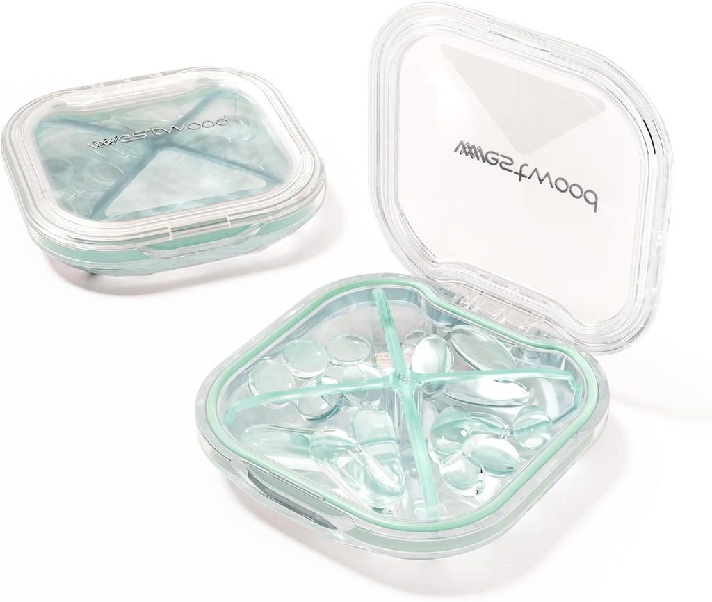 1 Pack Small Green Pill Organizer, 4 Compartments, Compact Stylish Cute Travel Camping Pill Box Daily Medicine Pill Case, Portable and Moistureproof to Store Vitamins, Medication and Supplements