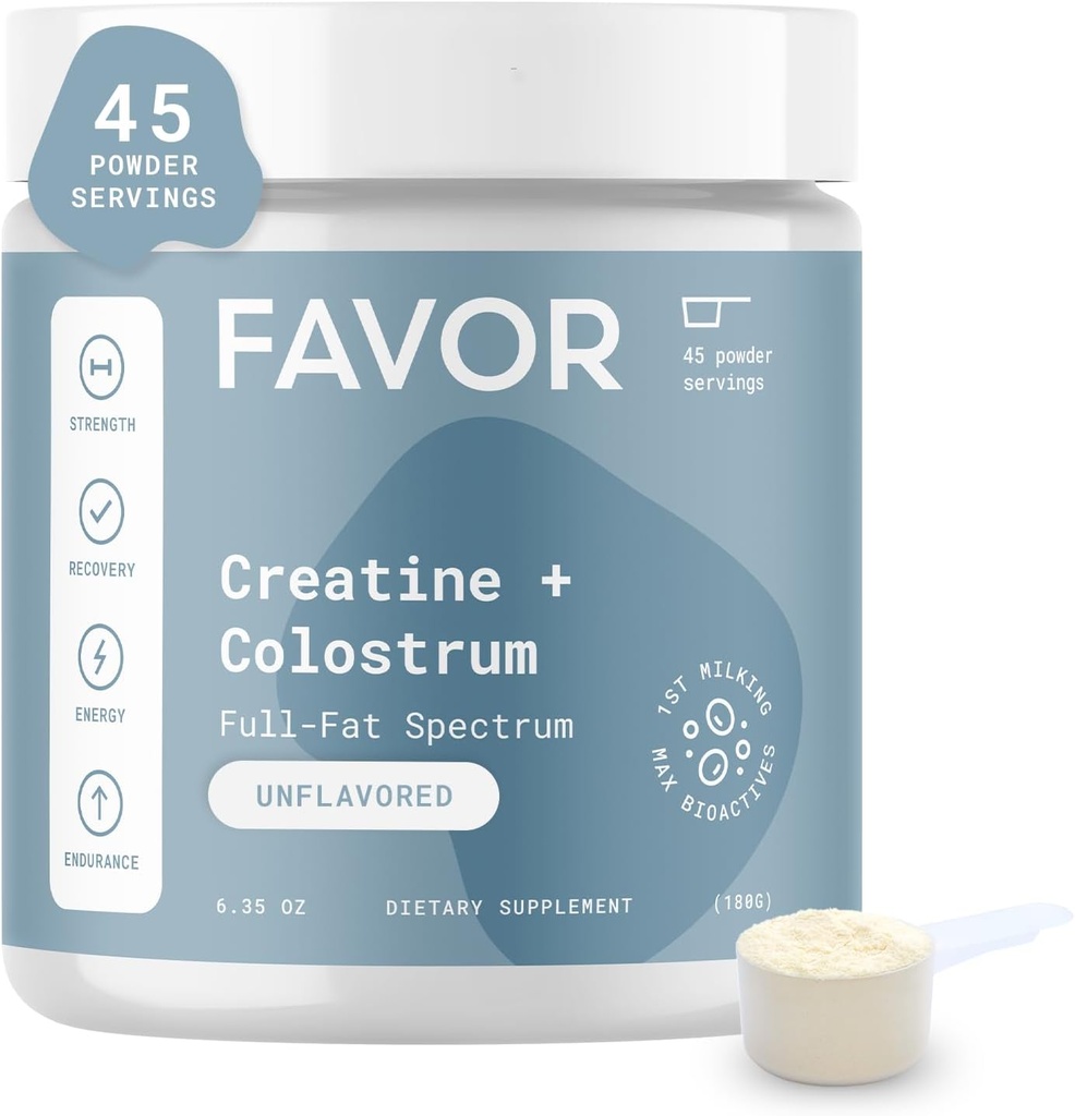 Favor Creatine en Bovine Colostrum Powder - Creatine Monohydraat Cow Colostrum Supplement, Hoge Immunoglobuline IgG, Strength, Muscle Recovery en Gut Health voor mannen en vrouwen, 45 Serves, Unflavored