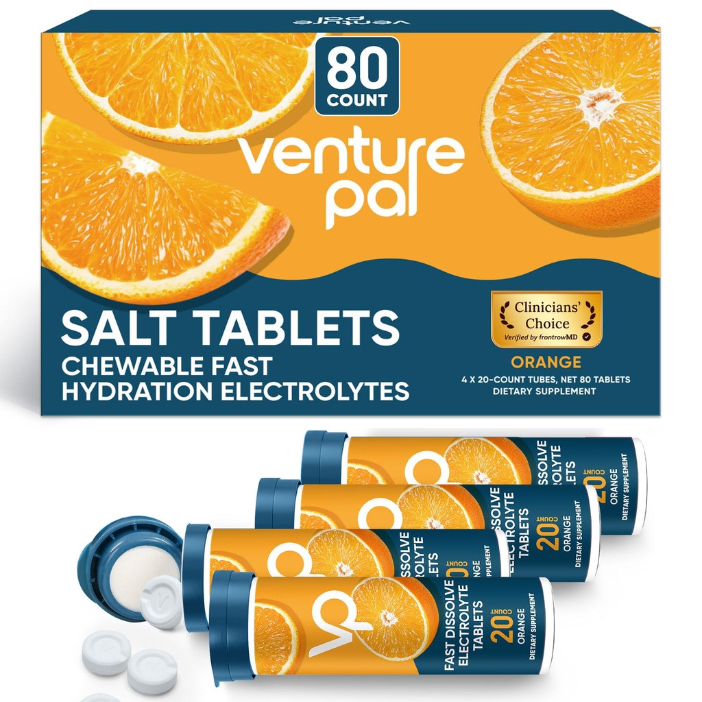 Venture Pal Chewable Electrolyte Tablets, 80 Tel snel oplossen Sugar-Free Stick Salt Tablets - Variety Pack voor snelle hydratatie, Outdoor hardlopen, wandelen, Sporten 
