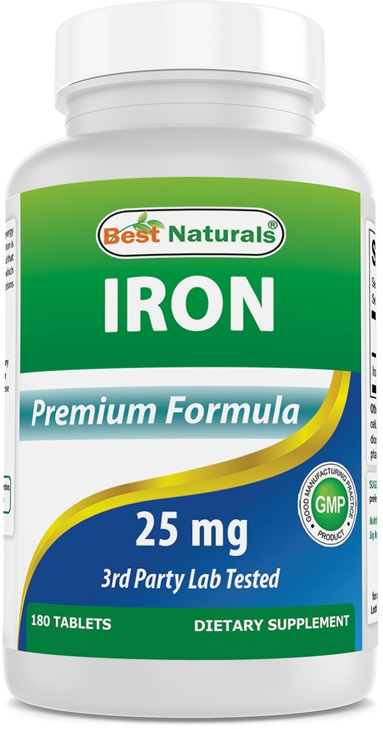 Best Naturals Iron Supplement (Iron Bisglycinate) - 25mg - 180 Tablets - Gentle of Stomach - Non-Constipating