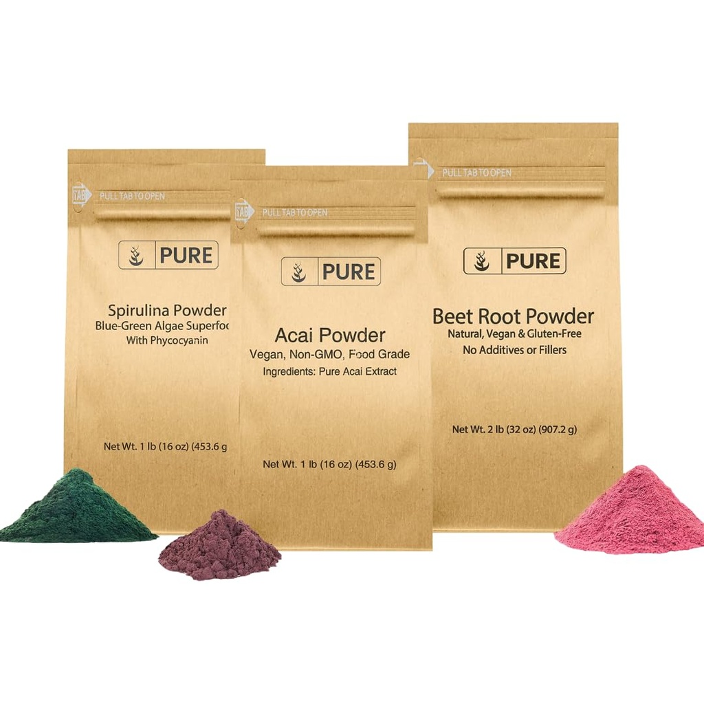 PURE ORIGINEEL INGREDIËNTEN Beetwortel, Spirulina en Acai Powder Bundle, diverse maten, niet GGO, kruidensupplementen