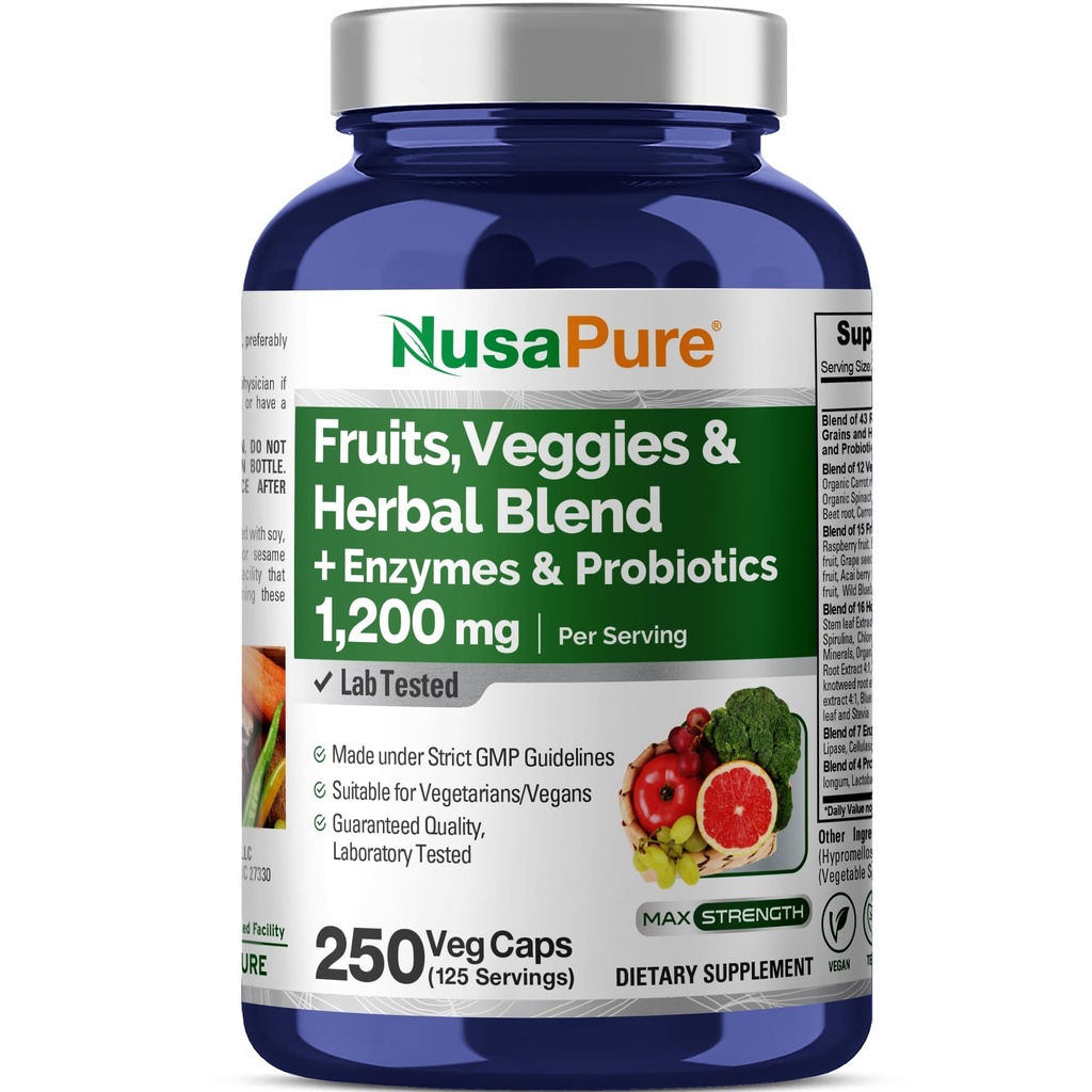 NusaPure 43 Fruit en groenten Kruidenmix, 11 Enzymen & Probiotica, 1200 mg, 250 Veggie Capsules (Non-GMO, Veganistisch)