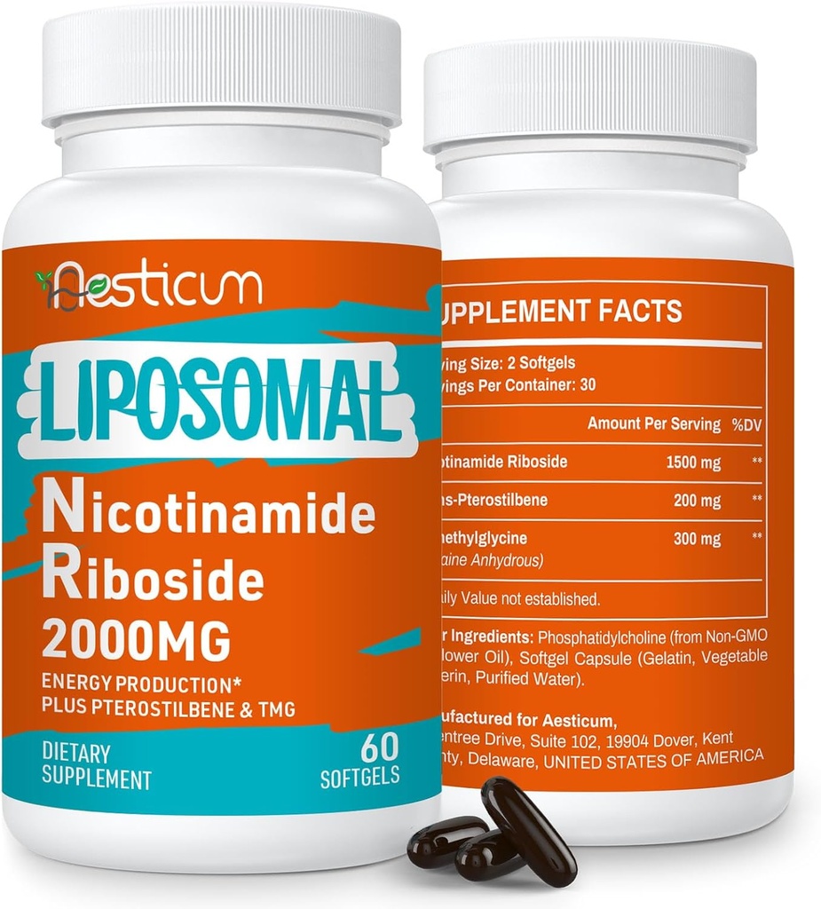 2000 MG Liposomal Nicotinamide Riboside Supplement with TMG & Pterostilbene, High Bioavailability NAD+ Boosting Supplement, Superior to Niacinamide for Energy, Immunity, Age Resistance, 120 Softgels