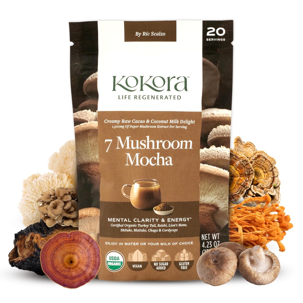 kokora 7 Mushroom Mocha - Energizes & Promotes Mental Clarity* - Organic Adaptogenic Mushroom Powder with Turkey Tail & Lions Mane - Vegan, Non-GMO, No Added Sugar - 120g - 20 Servings