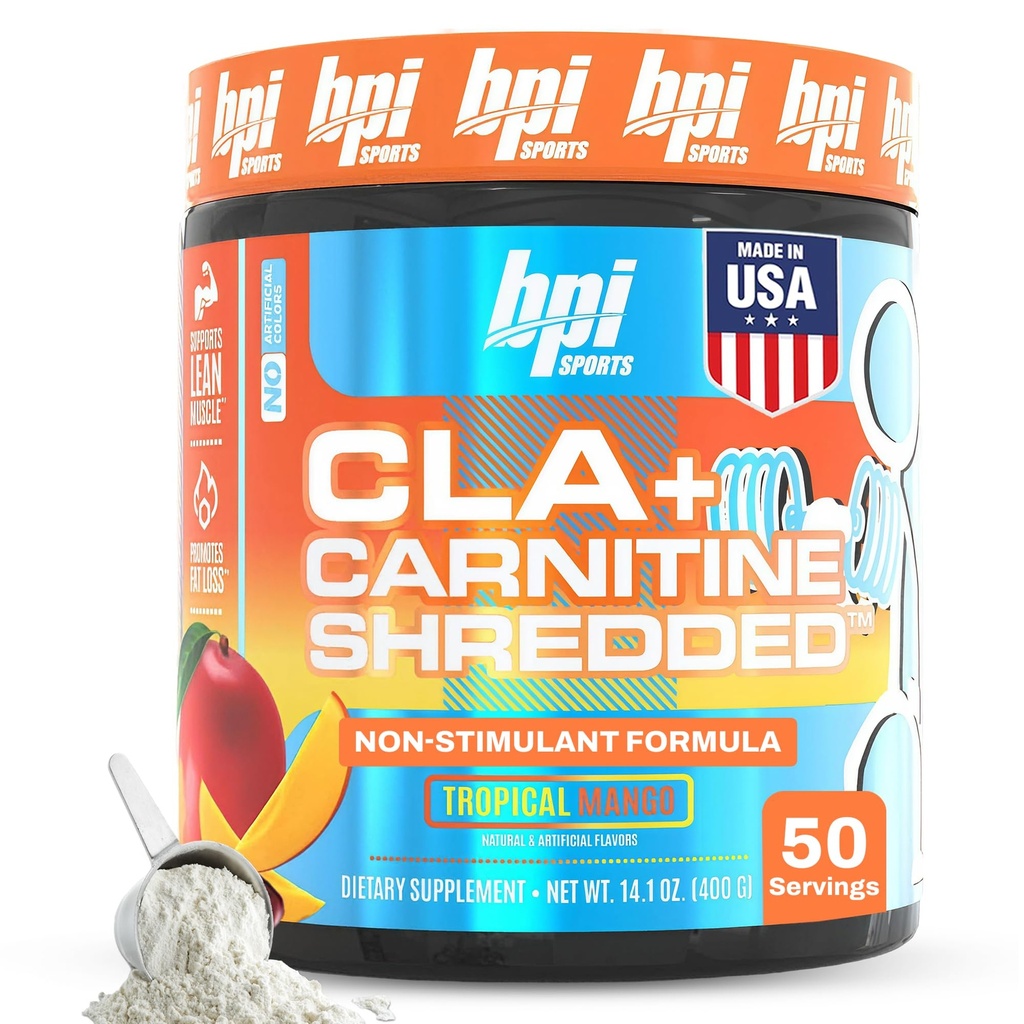 BPI Sport CLA + Carnitine Shredded - Converteer vetcellen in energie en ondersteunt Lean Muscle, Boost Metabolisme - Niet-Stimilant L-Carnitine Supplement - Tropical Mango (14.1 oz. / 50 Servers)