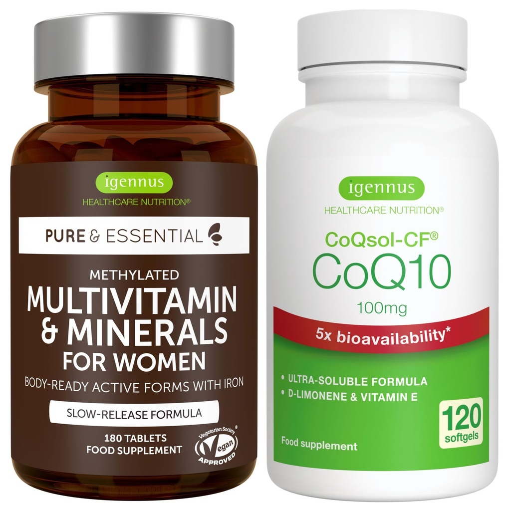 Multivitamin & Minerals for Women + High Absorption CoQ10 100mg 120 Softgels Energy Bundle, Sustained Release Advanced Multivitamin + CoQ10 with Vitamin E & D-Limonene, by Igennus