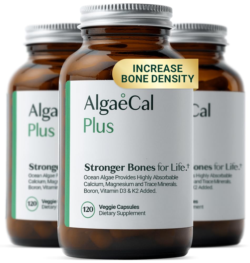 ALGAECAL Biologische Red Algen Calcium Supplement voor botdichtheid & sterkte, vitamine K2 MK7 (100 mg), vitamine D3 (1600 IE), Magnesium (350 mg) & sporenmineralen, gemakkelijk doorslikken, 120 Veggie Caps