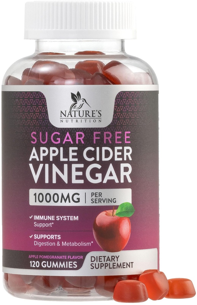 Apple Cider Vinegar Gummies for Weight Loss 1000mg - Vegan Apple Vinegar Gummy for Detox & Cleanse, ACV Supplement Pillen, Vitamine B12, Sugar Free ACV Gummy, Non-GMO, Nature's Nutrition - 120 Gummies