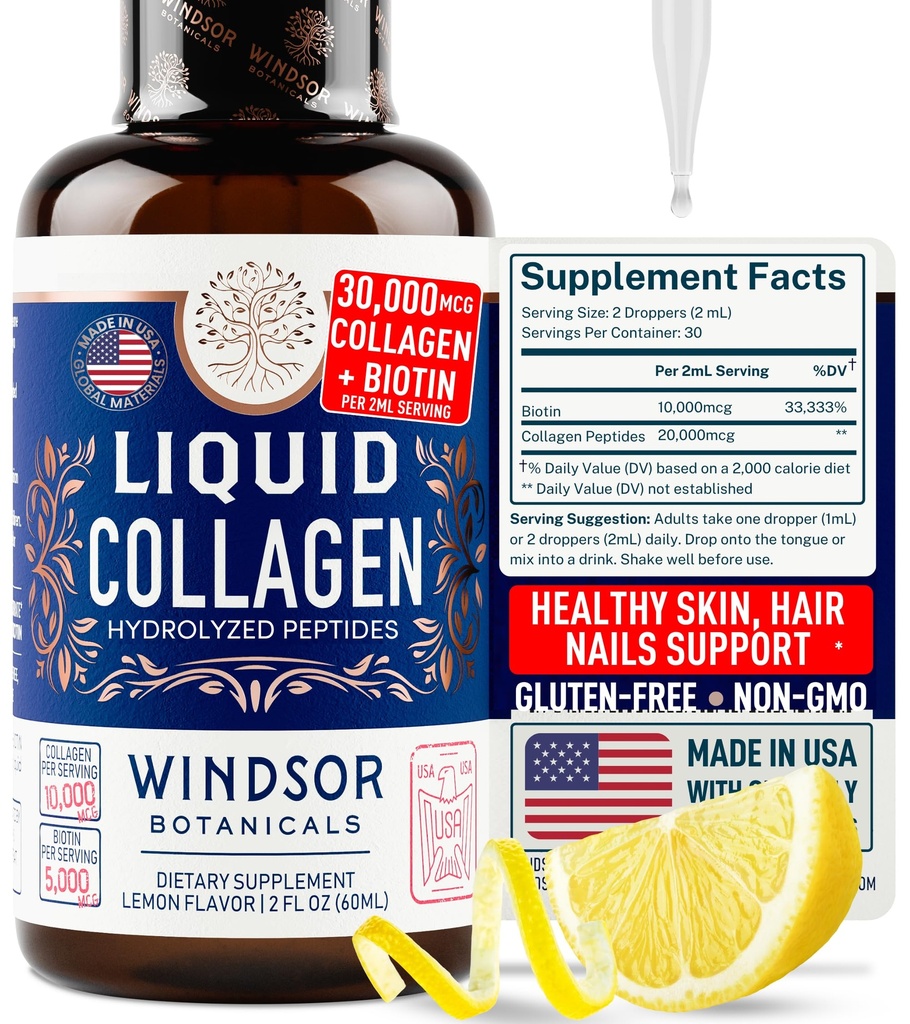 Geconcentreerde Liquid Collageen Peptides Supplement - 30.000mcg Gehydrolyseerde Liquid Collages voor vrouwen plus Biotine Hair, Skin, Nail Support - Sublingual Direct Drops of in Drinks - Natural Lemon Drink 2 oz