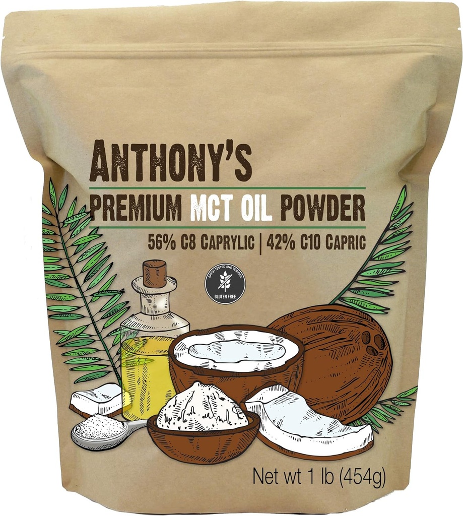 Anthony's Premium MCT Oliepoeder 56% C8 Caprylic, 42% C10 Capric, 1 lb, Glutenvrij, Niet GGO, Keto vriendelijk