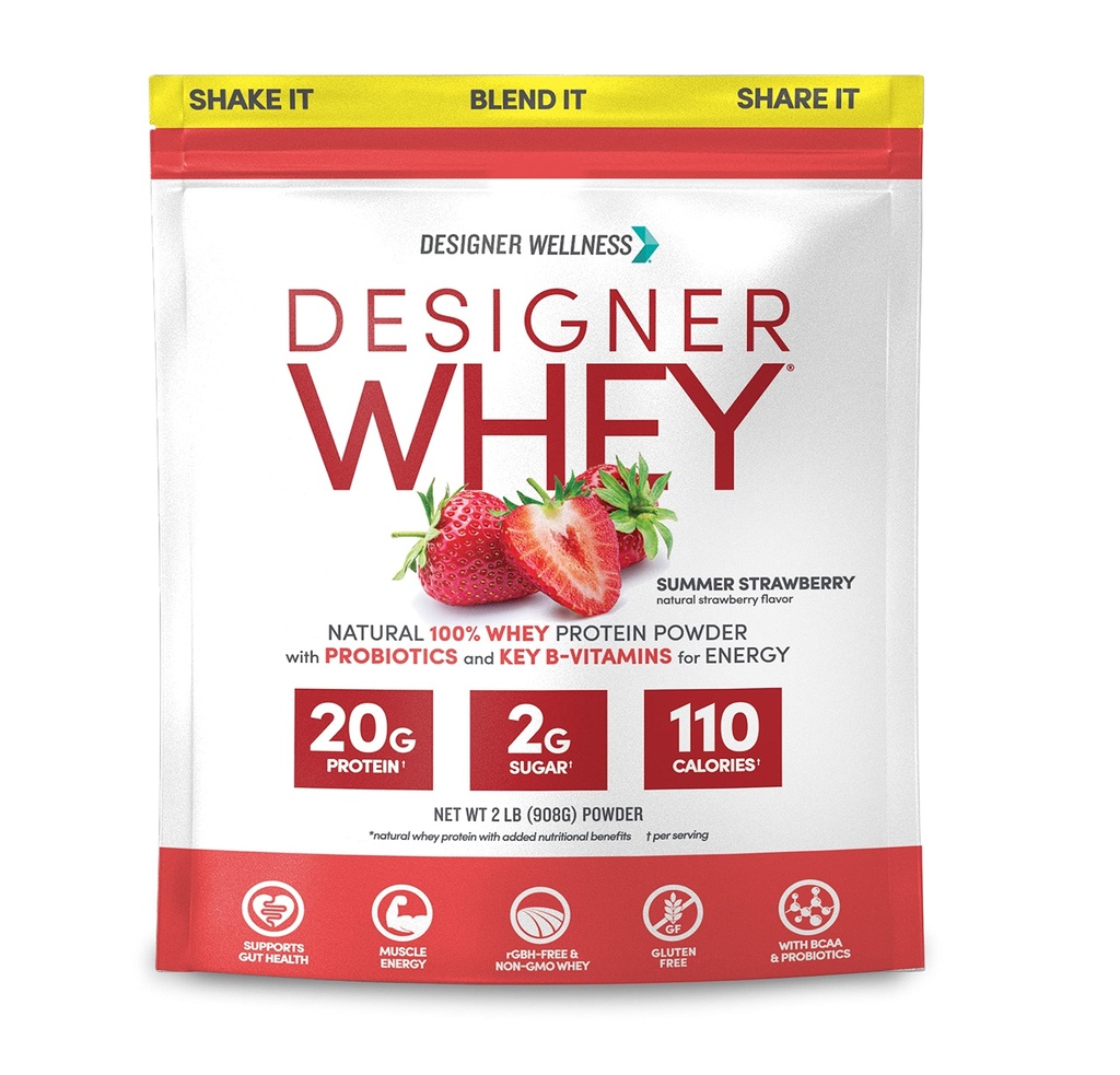 Designer Wellness, Designer Wei, Natural Wei Protein Powder met Probiotica, Vezel, en Key B-Vitamins voor Energie, Glutenvrije, Zomer Aardbei, 2 lb