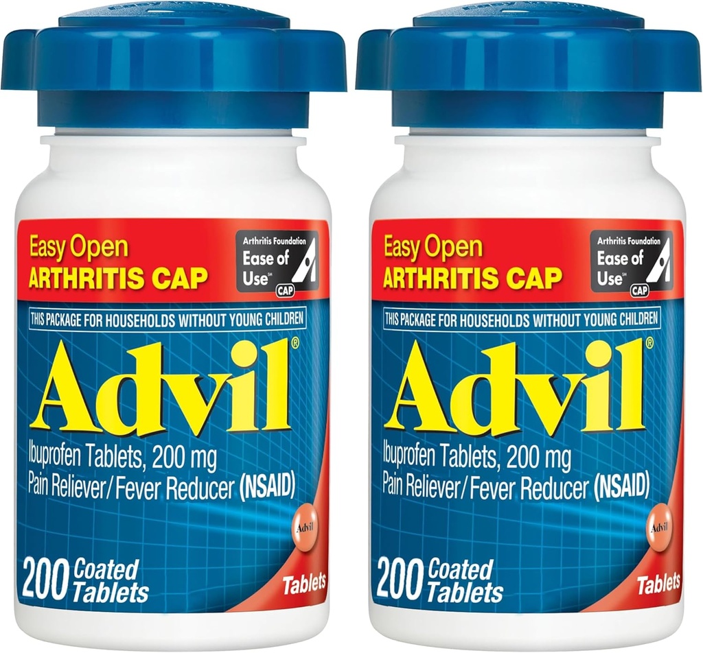 Advil pijnstiller en koortsreducer, pijnrelief Geneeskunde met Ibuprofen 200 mg voor gewrichtspijn, spierpijn en lichte Artritis pijnverlichting - 200 gecoate tabletten met gemakkelijke Open Artritis Cap