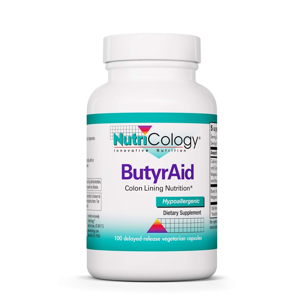 Nutricology ButyrAid Supplement 200 mg - Butyrate, Gut Health, Butyric Acid, Tributyrin Complex, Colon Lining Nutrition, Postbiotica, Vertraagde Vegetarische Capsules - 100 Tel.