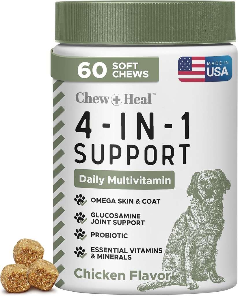 Alles in 1 Hondenvitaminen en Supplementen, 60 Zachte Kauw Multivitaminen met Glucosamine, Probiotica, Omega Visolie -voor huid, jas, hiep, Joint & Gut Health - Senior, Puppy, Grote en Kleine Honden
