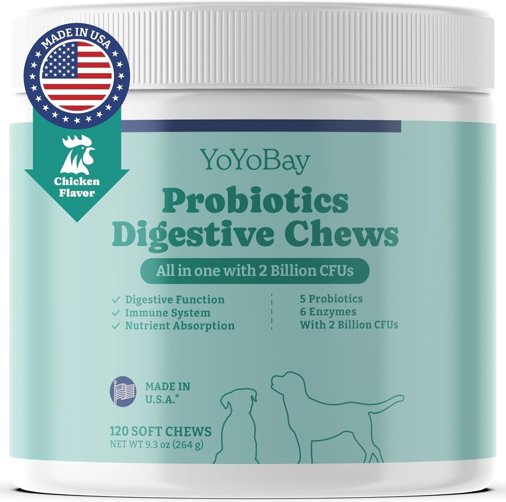 Probiotica voor honden, hondenprobiotica en prebiotica met enzymen, voor Gut & Digestieve Gezondheid en Gistbalans, Ondersteuning Immune System, Kip smaak, 120 Zachte Kauwen