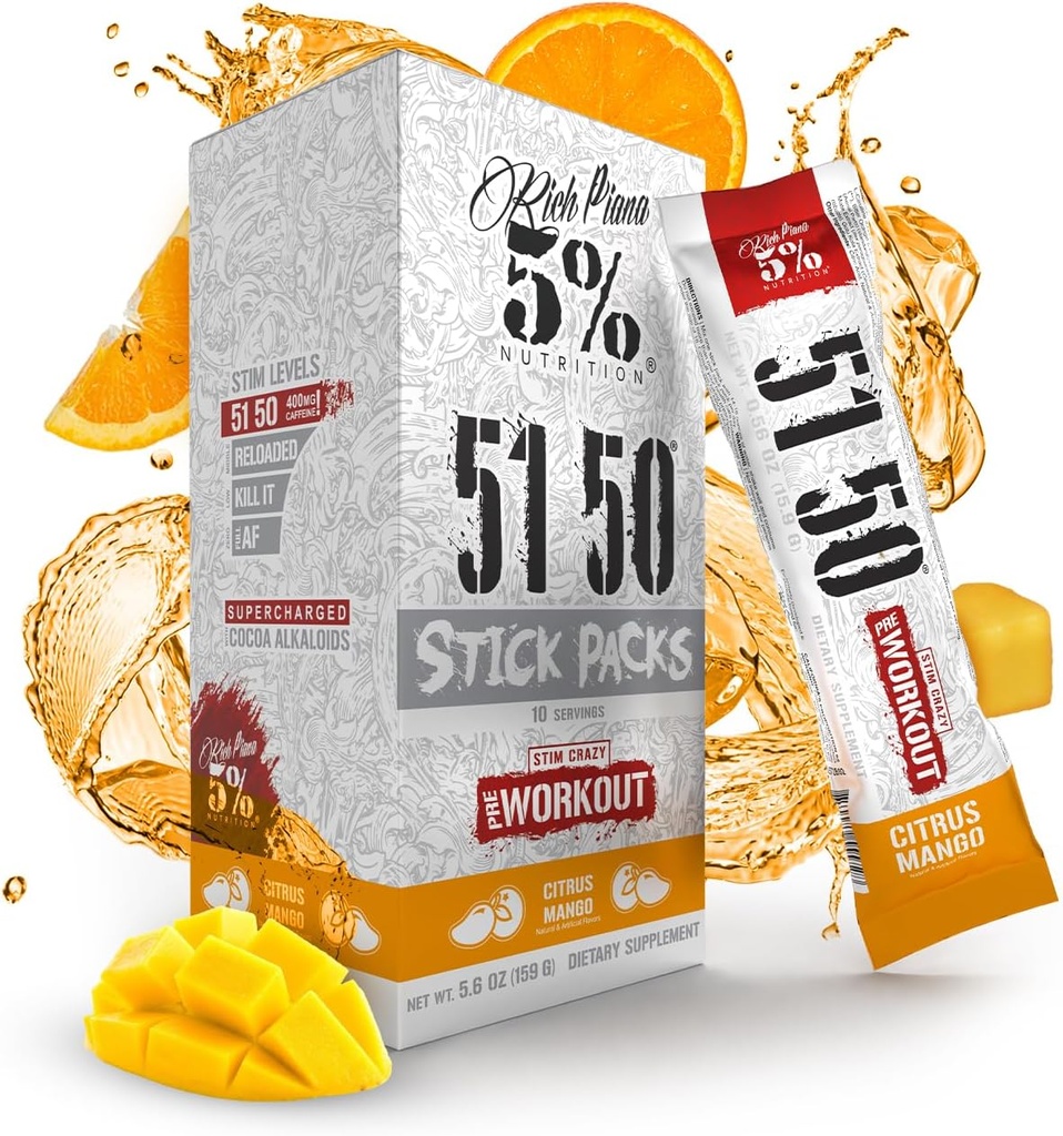 5% Nutrition Rich Piana 5150 High Stim Pre-Workout Powder Packets | Extreme Energy, Focus, Pumps & Endurance | 513 mg Caffeine Complex, Citrulline, Beta Alanine, L-Tyrosine (Citrus Mango) (10 Count)