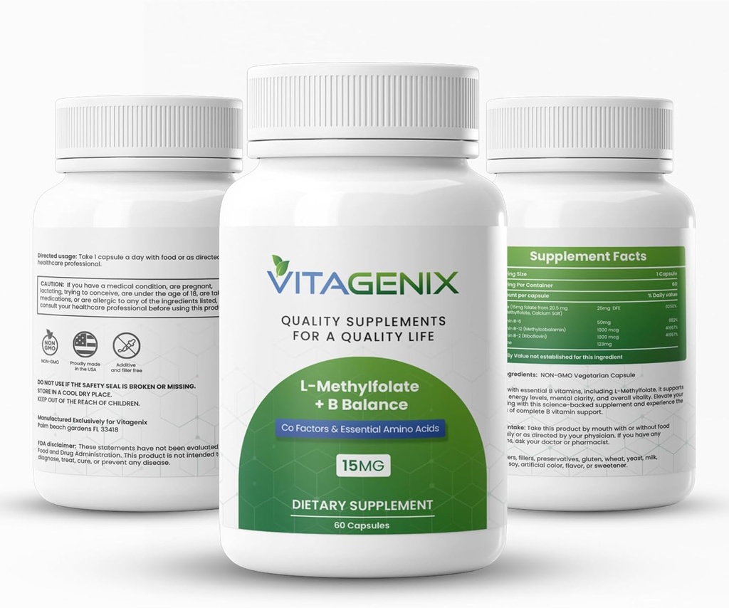 L-methylfolaat + B Balance - Professional Strength Bioactive 5-MTHF Form + B6, B2 & B12 Methylcobalamine B Complex - Supports Mood, Methylation & Cognitie - 15mg - 60 Capsules