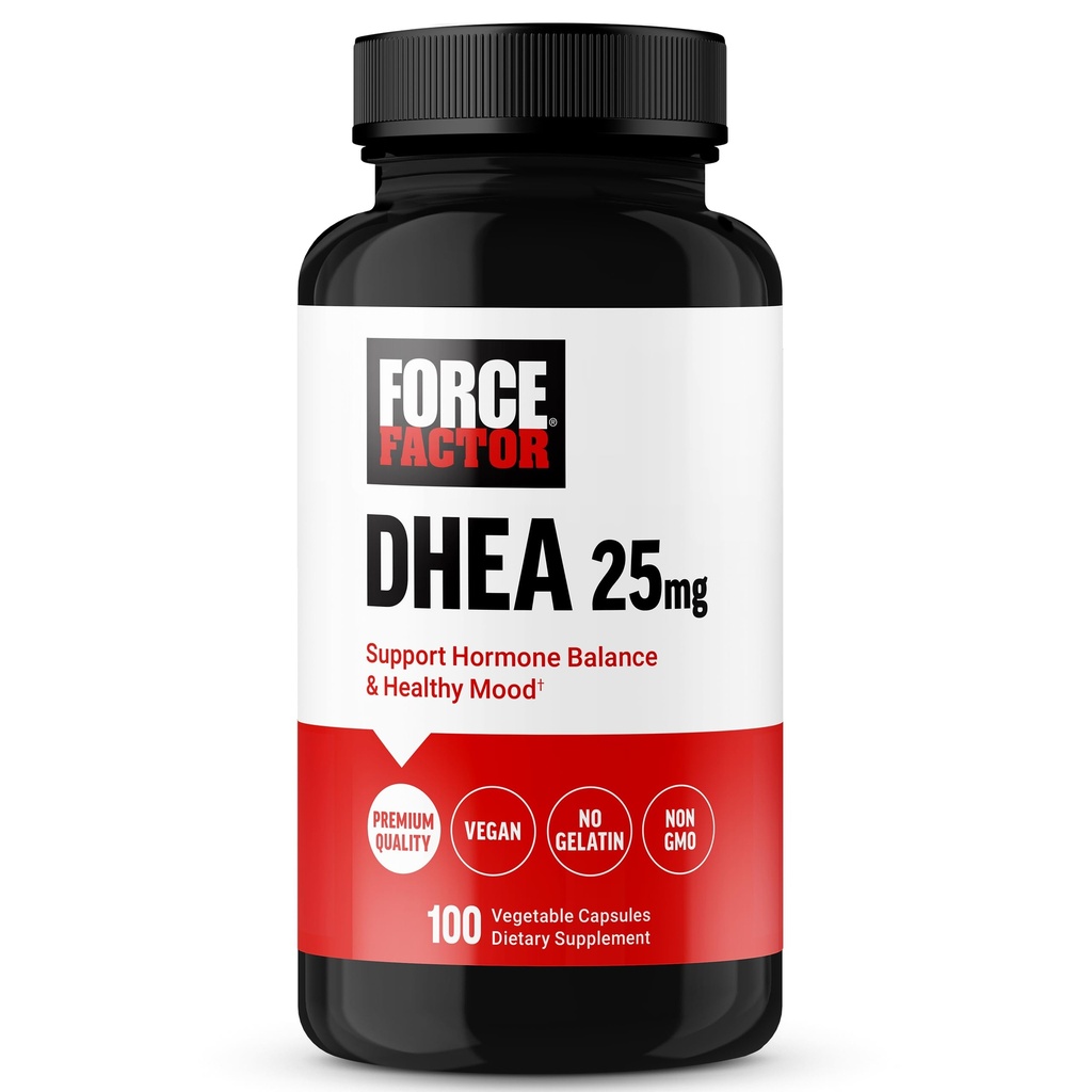 FORCE FACTOR DHEA 25mg, DHEA supplement voor vrouwen en mannen ter ondersteuning van Hormone Balance and Healthy Mood, Premium Quality, Vegan Friendly, Non-GMO, 100 plantaardige capsules