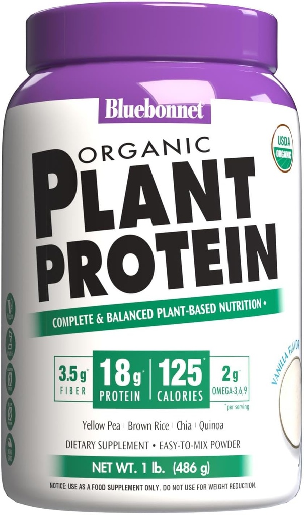 Bluebonnet Nutrition Organic Plant Protein - 18g Protein, 3.5g Fiber 