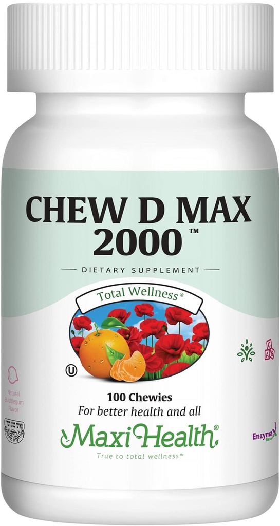 Maxi Health Chewable Vitamine D3 2000 IE Supplement - Delicious Natural Bubble Gum Flavor - Ondersteunt Calcium Absorptie, Immune en Bone Health bij volwassen vrouwen, mannen, kinderen en peuters - 100 Kauwen
