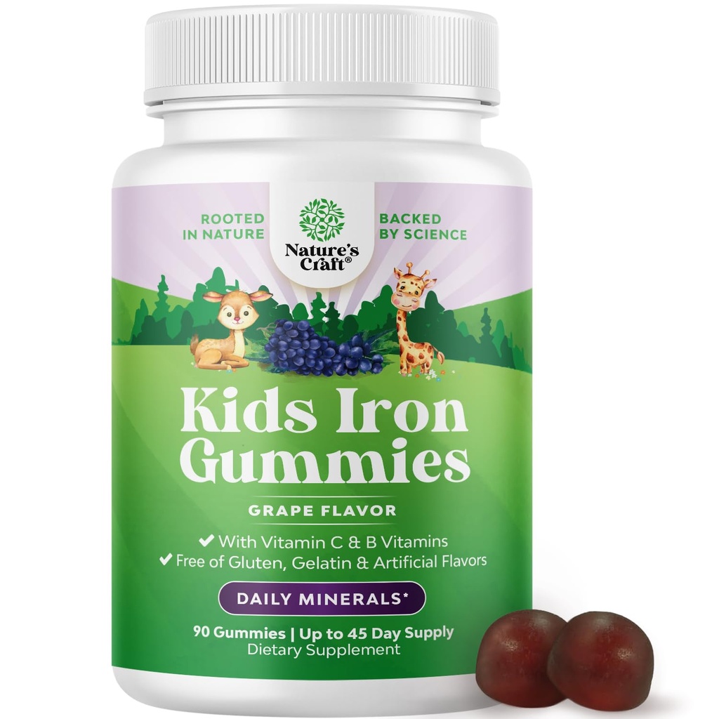 Kinderen Iron Gummies - Blood Builder Iron Supplements for Kids with Gentle for Strenger Immunity & Energy - Vitamine B12, Folaat & Vitamin C Gummies - Vegan GMO & Glutenvrij voor peuters - 90 Tel.