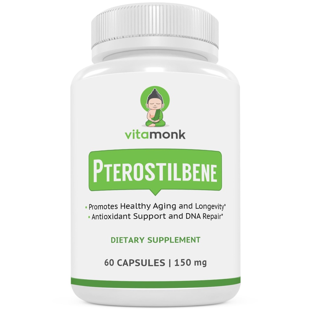 VitaMonk Pterostilbene 150mg Capsules Geen kunstmatige fillers - Soy Gratis Trans-Pterostilbene Supplement dat Gezond Verouderen en Duurzaamheid bevordert - 60 Veggie-Caps - Verbeterde Resveratrol
