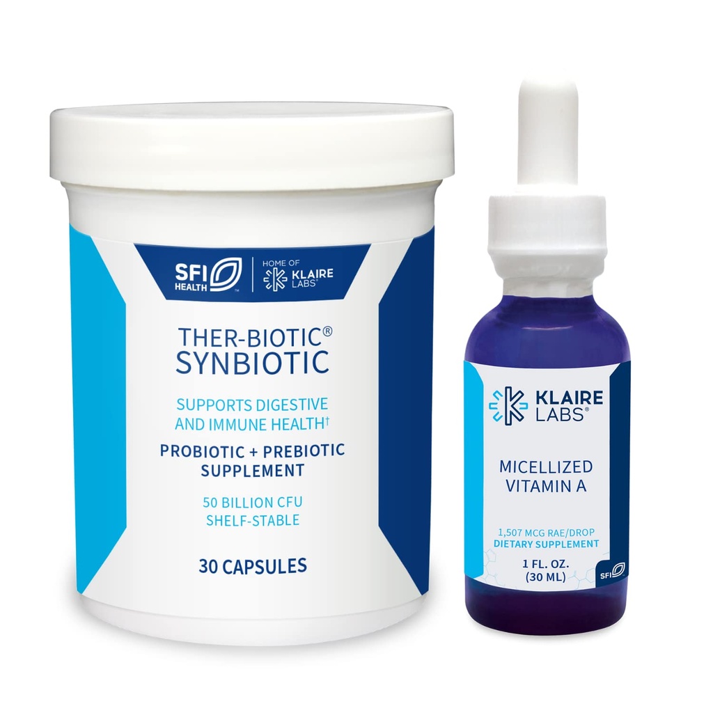 Klaire Labs Ther-Biotic Synbiotic Probiotic (30 Capsules) & Micellized Vitamin A Liquid (1 oz / 600 Servings) 5000 IE Bundel - Digestieve Gezondheid & Immune Ondersteuning - Hypoallergeen 2 Productset