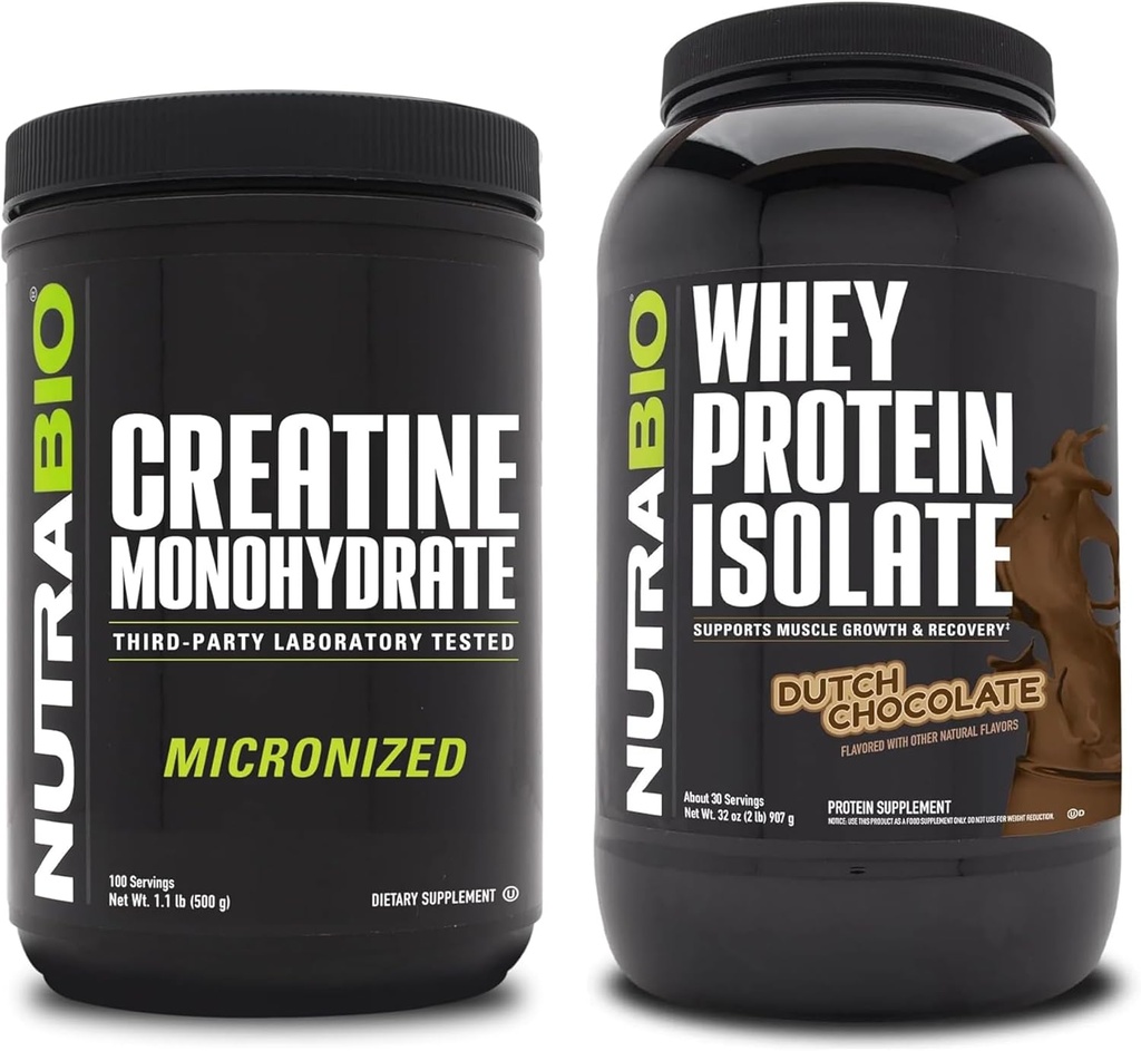 NutraBio Creatine Monohydraat, Unflavored, 500g en Wei Proteïne Isolaat, Nederlandse Chocolade, Supplement Bundle - Spierenergie, Lean Spiergroei, Herstel, en sterkte