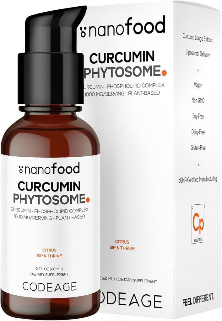 Codeage Liposomal Curcumin Phytosome Liquid Supplement, Turmeric Curcumin Vegan Liquid Drops, Plant Based Curcuma Longa Dropper, Curcumina, Zonnebloem Fosfolipide, Suikervrije, Citrus smaak, 2 fl oz