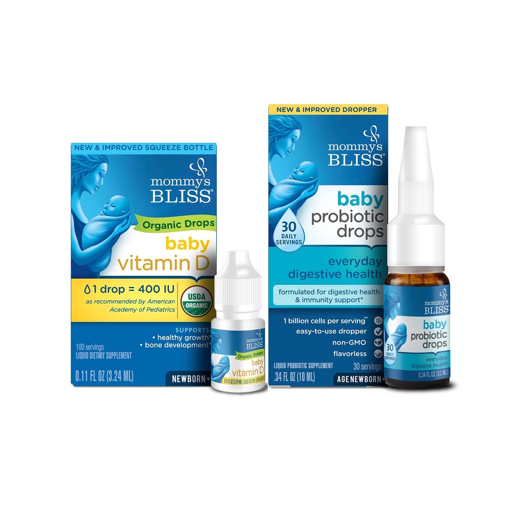 Mama's Gelukzaligheid Biologische Baby Vitamine D D druppels 100 porties (pakket van 1) met Baby Probiotic Drops Dagelijks 30 porties (pakket van 1)