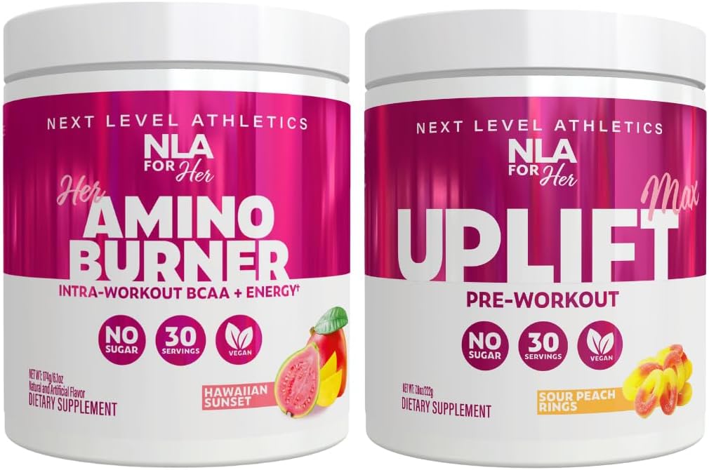 NLA voor haar Pre/Intra Workout Stack (Includes Her Thermogenic Amino Hawaiian Sunset and Uplift Max Pre Workout Sour Peach Rings)