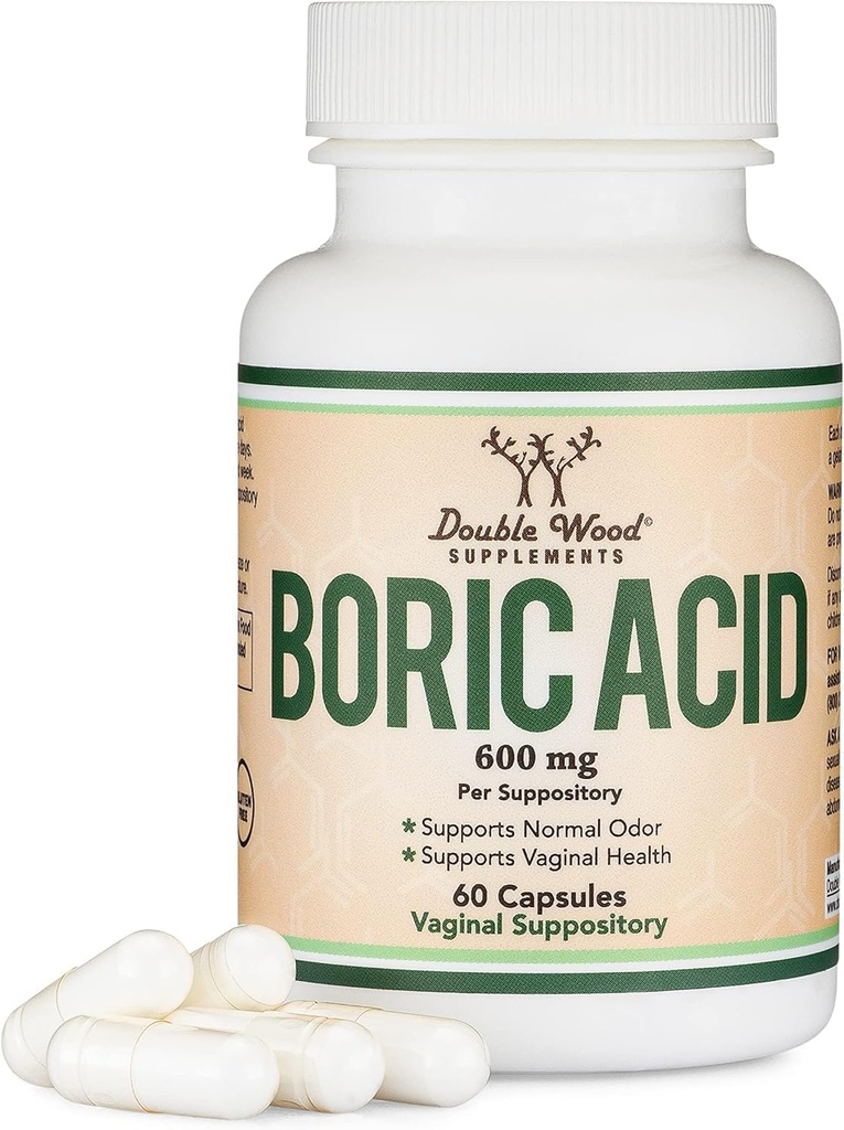 Boorzuur Zetpil (600 mg vaginale zetpil, 60 telling) Ondersteunt Vaginale pH-balans, Odor Control (USP Medical Grade Fine Powder, Easy Solution, Third Party Tested) door Double Wood