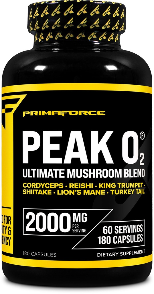 Primaforce Peak O2 Performance Mushroom Powered Oxygen Absorptie Booster (180 Capsules) (2.000 mg per portie, 60 porties) - Athletic Performance Supplement, Ultimate Mushroom Blend